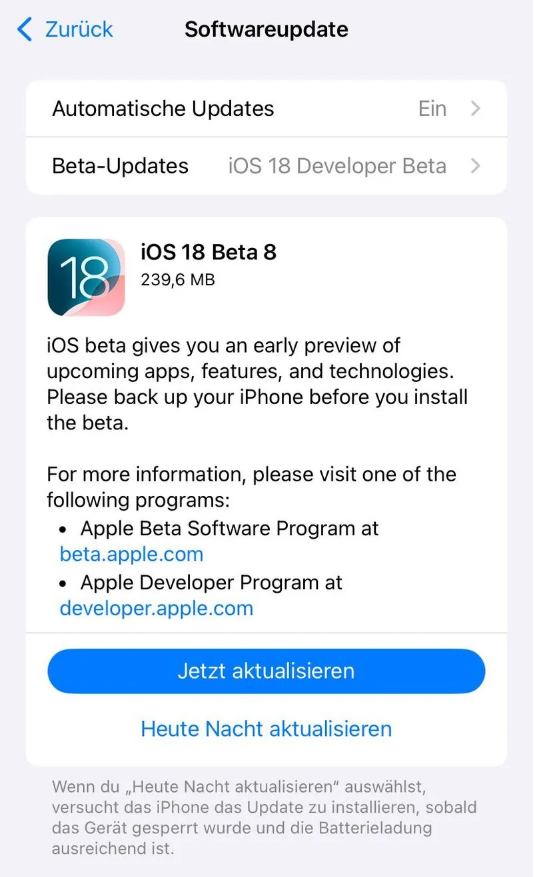 雷山苹果手机维修分享苹果 iOS / iPadOS 18 开发者预览版 Beta 8 发布 